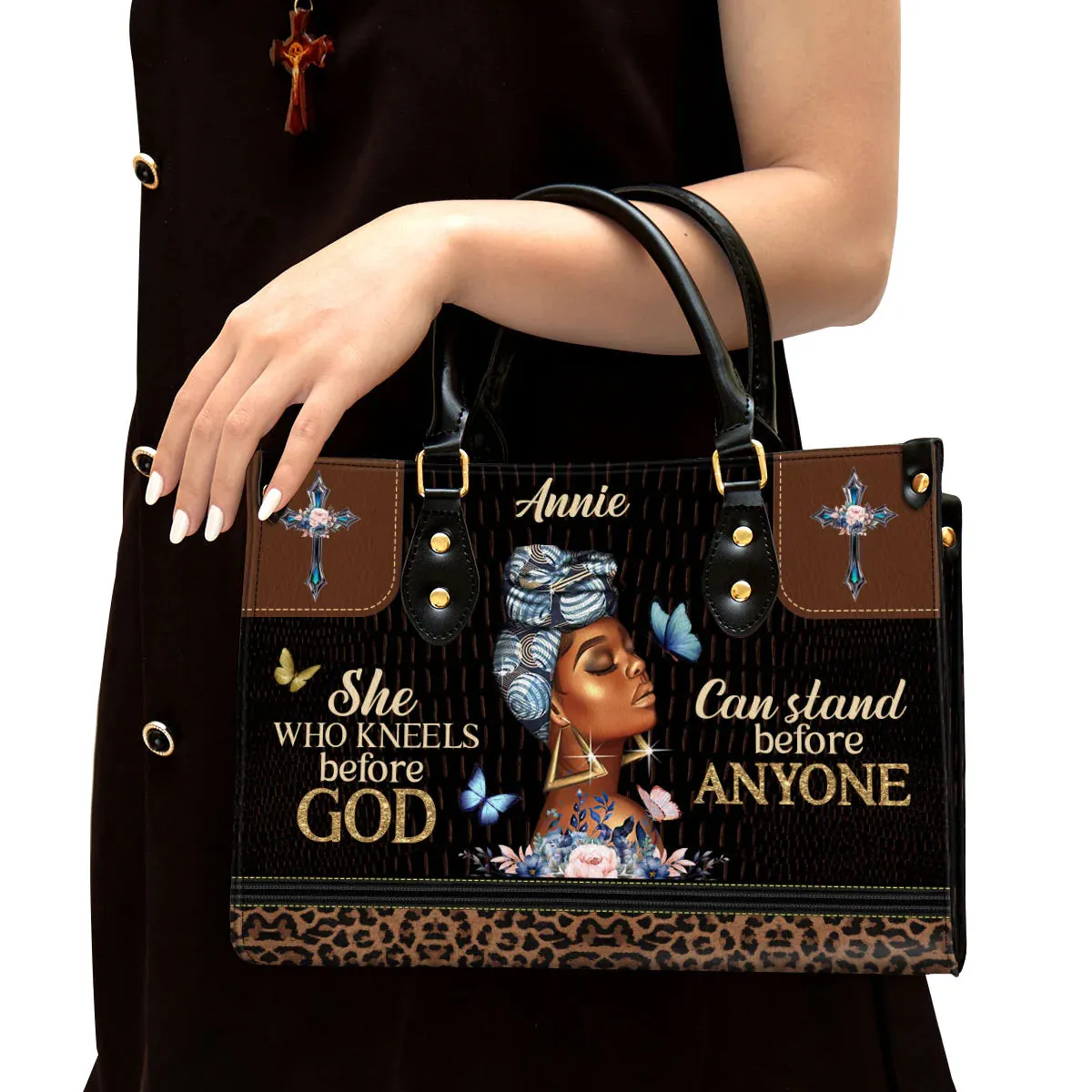 Christianart Designer Handbags, She Who Kneels Before God Can Stand Before Anyone, Personalized Gifts, Gifts for Women.