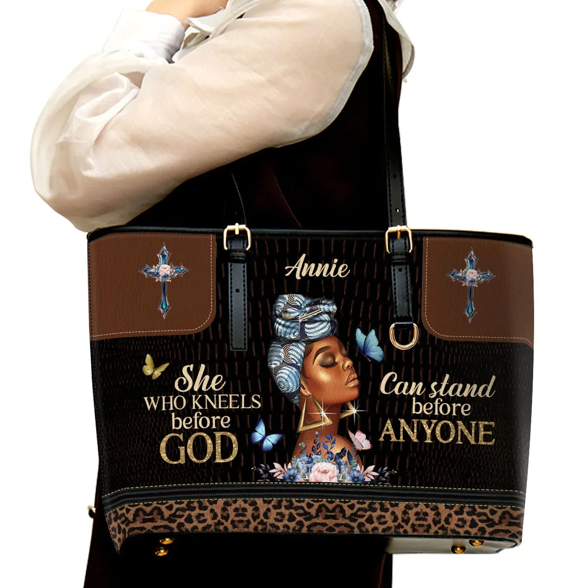 Christianart Designer Handbags, She Who Kneels Before God Can Stand Before Anyone, Personalized Gifts, Gifts for Women.