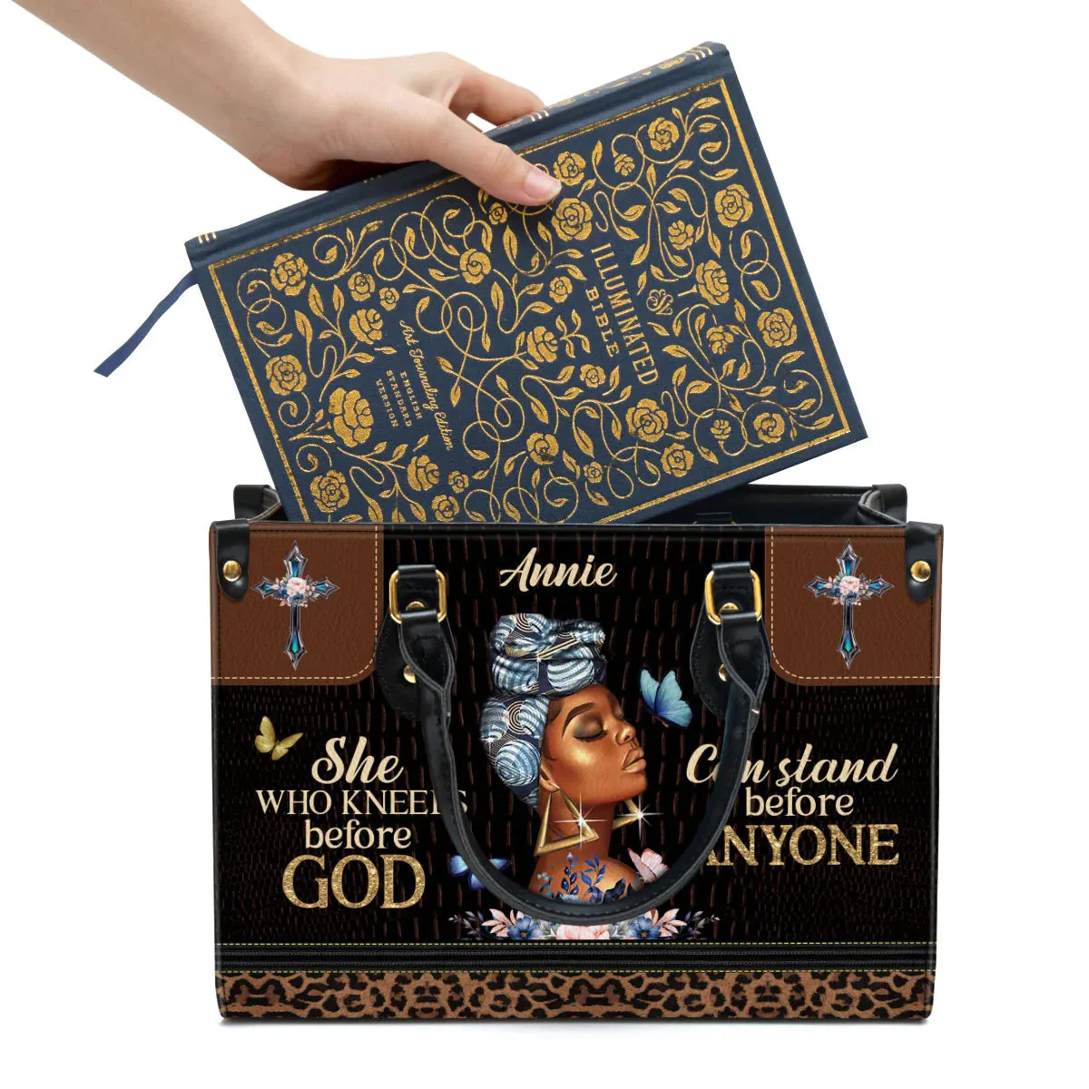 Christianart Designer Handbags, She Who Kneels Before God Can Stand Before Anyone, Personalized Gifts, Gifts for Women.