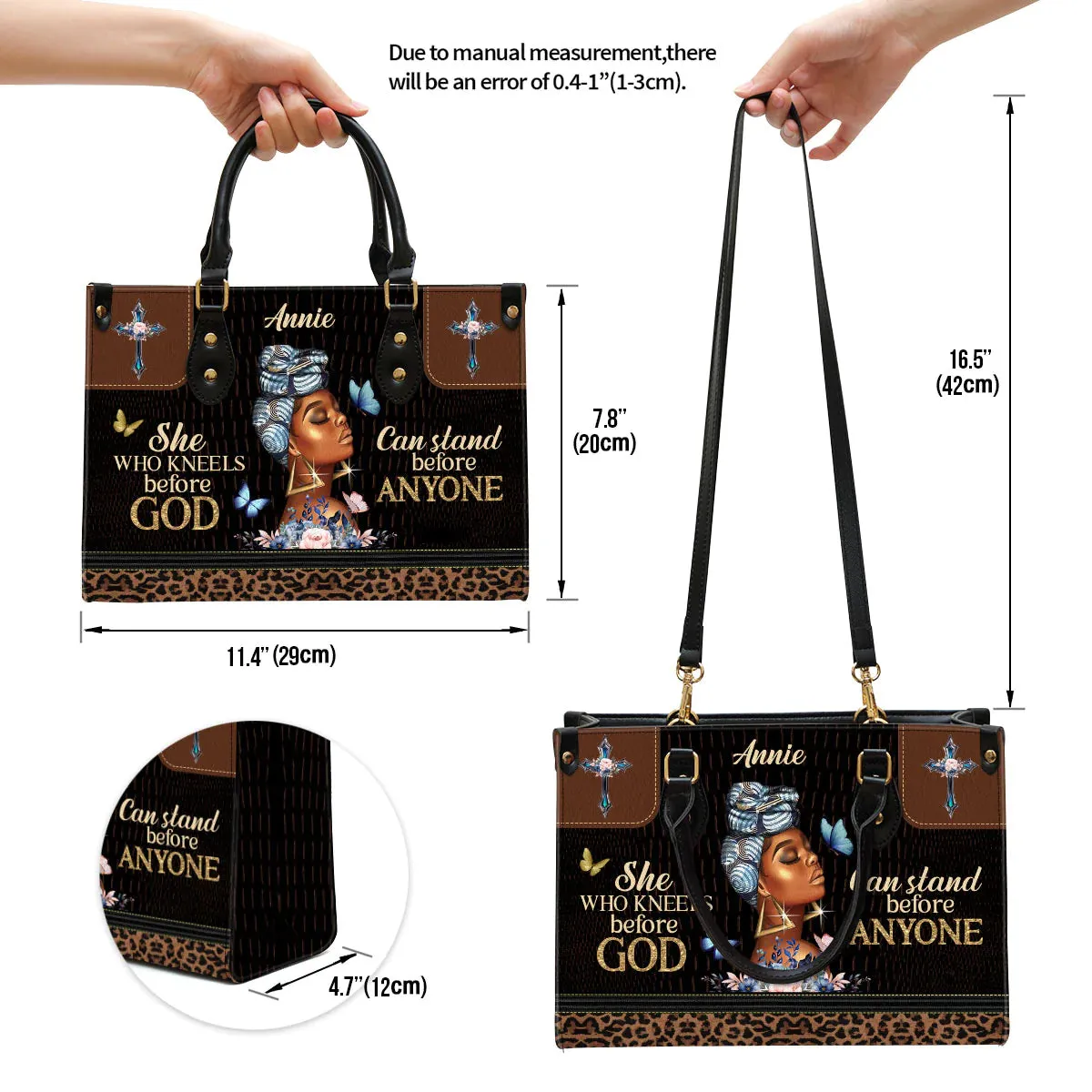 Christianart Designer Handbags, She Who Kneels Before God Can Stand Before Anyone, Personalized Gifts, Gifts for Women.