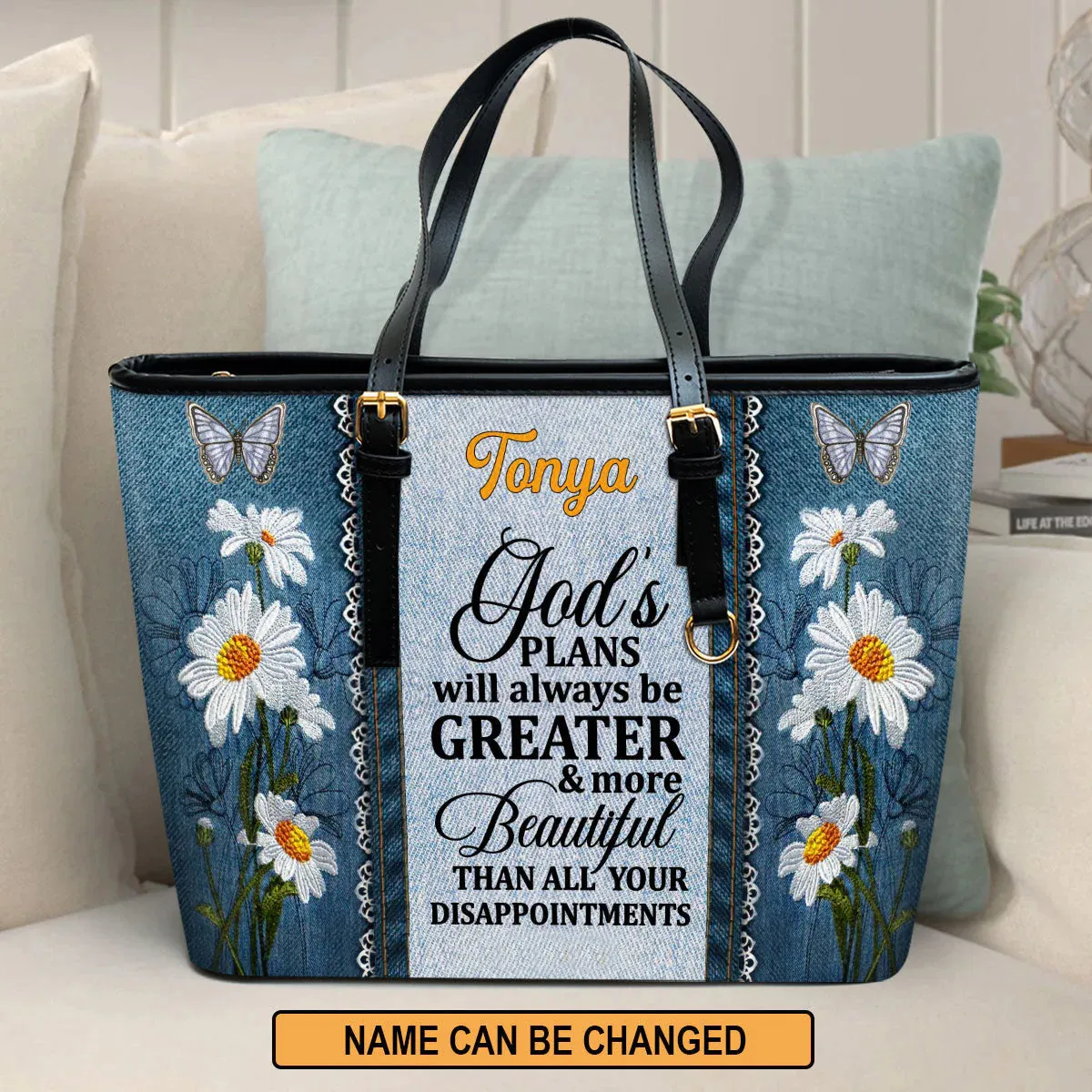 Christianart Handbag, God's Plans Will Always Be Greater Than All Your Disappointments Daisy & Butterfly, Personalized Gifts, Gifts for Women, Christmas Gift.