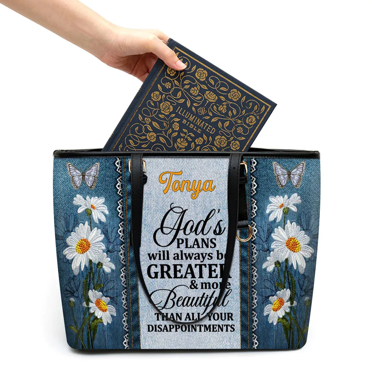 Christianart Handbag, God's Plans Will Always Be Greater Than All Your Disappointments Daisy & Butterfly, Personalized Gifts, Gifts for Women, Christmas Gift.