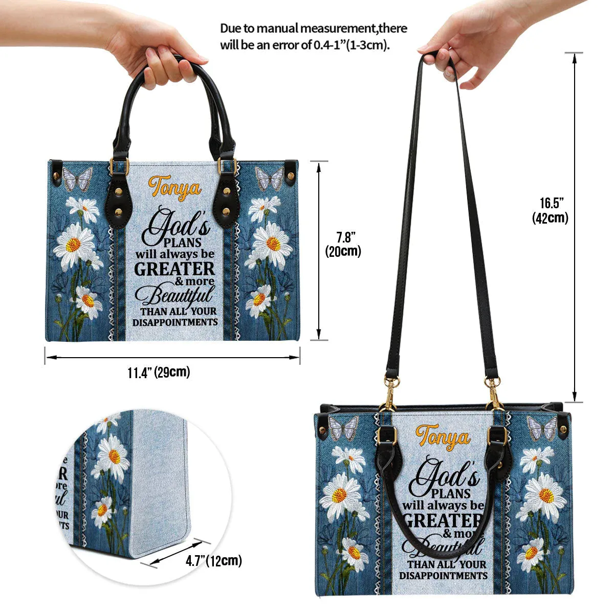 Christianart Handbag, God's Plans Will Always Be Greater Than All Your Disappointments Daisy & Butterfly, Personalized Gifts, Gifts for Women, Christmas Gift.