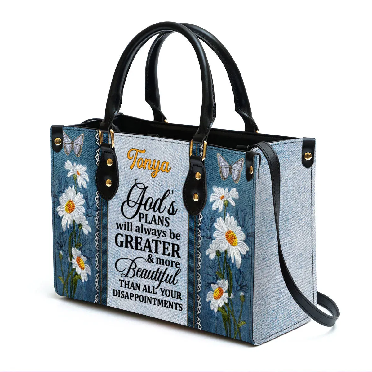 Christianart Handbag, God's Plans Will Always Be Greater Than All Your Disappointments Daisy & Butterfly, Personalized Gifts, Gifts for Women, Christmas Gift.
