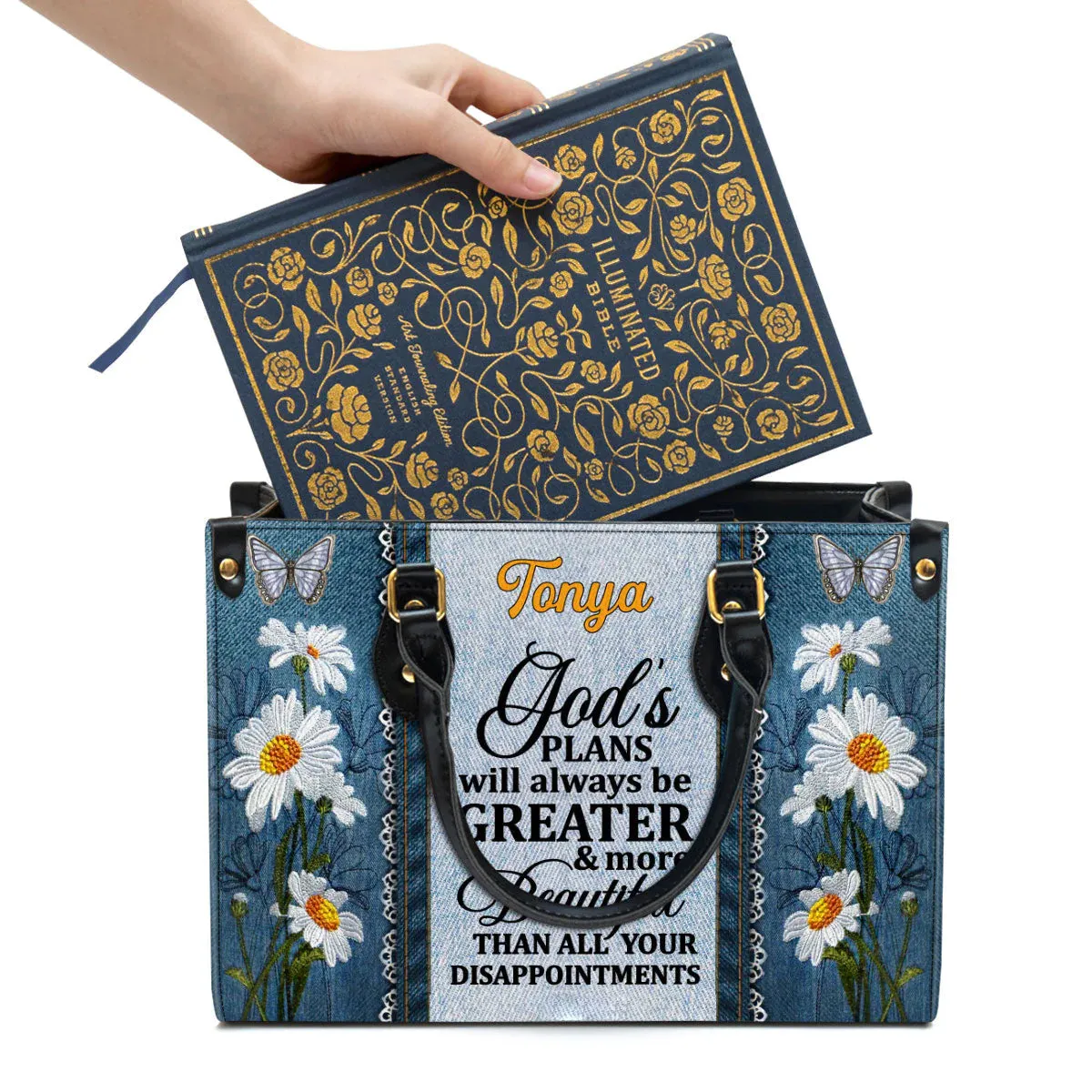 Christianart Handbag, God's Plans Will Always Be Greater Than All Your Disappointments Daisy & Butterfly, Personalized Gifts, Gifts for Women, Christmas Gift.