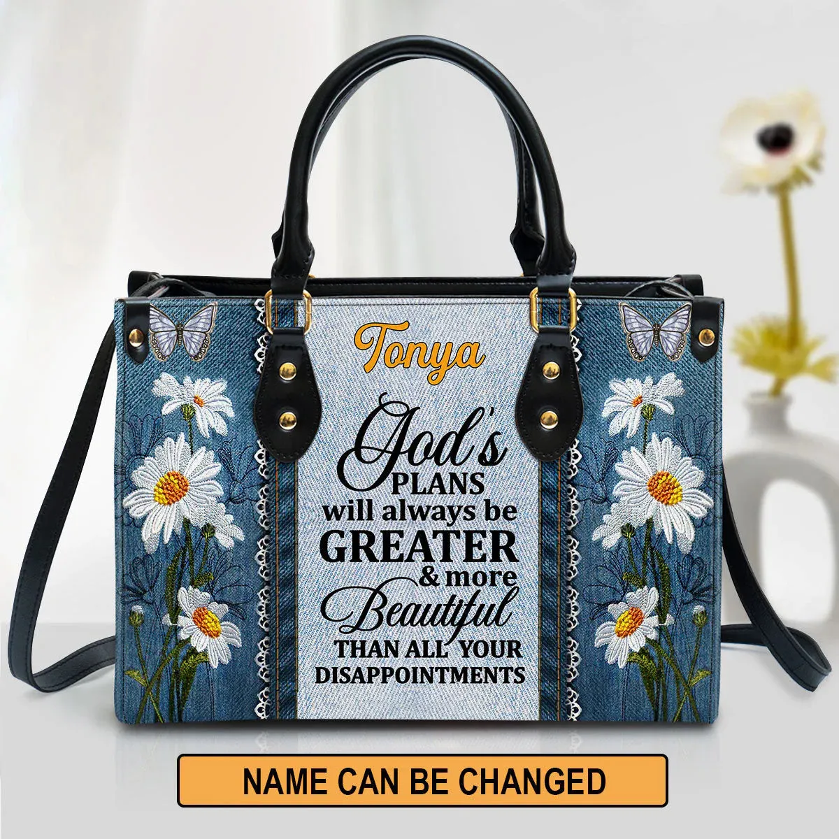 Christianart Handbag, God's Plans Will Always Be Greater Than All Your Disappointments Daisy & Butterfly, Personalized Gifts, Gifts for Women, Christmas Gift.