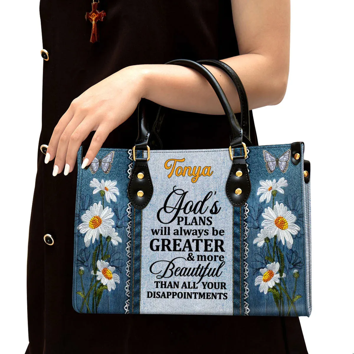 Christianart Handbag, God's Plans Will Always Be Greater Than All Your Disappointments Daisy & Butterfly, Personalized Gifts, Gifts for Women, Christmas Gift.