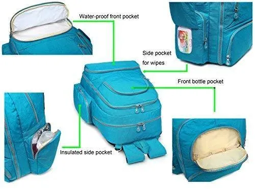 Crest Design Waterproof Diaper Bag Backpack Travel Backpack Organizer Nappy Bags for Baby Care with Changing Pad, Stroller Straps and Insulated Pockets, SGS Certified Safe Product (Deep Sky Blue)