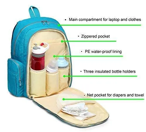 Crest Design Waterproof Diaper Bag Backpack Travel Backpack Organizer Nappy Bags for Baby Care with Changing Pad, Stroller Straps and Insulated Pockets, SGS Certified Safe Product (Deep Sky Blue)