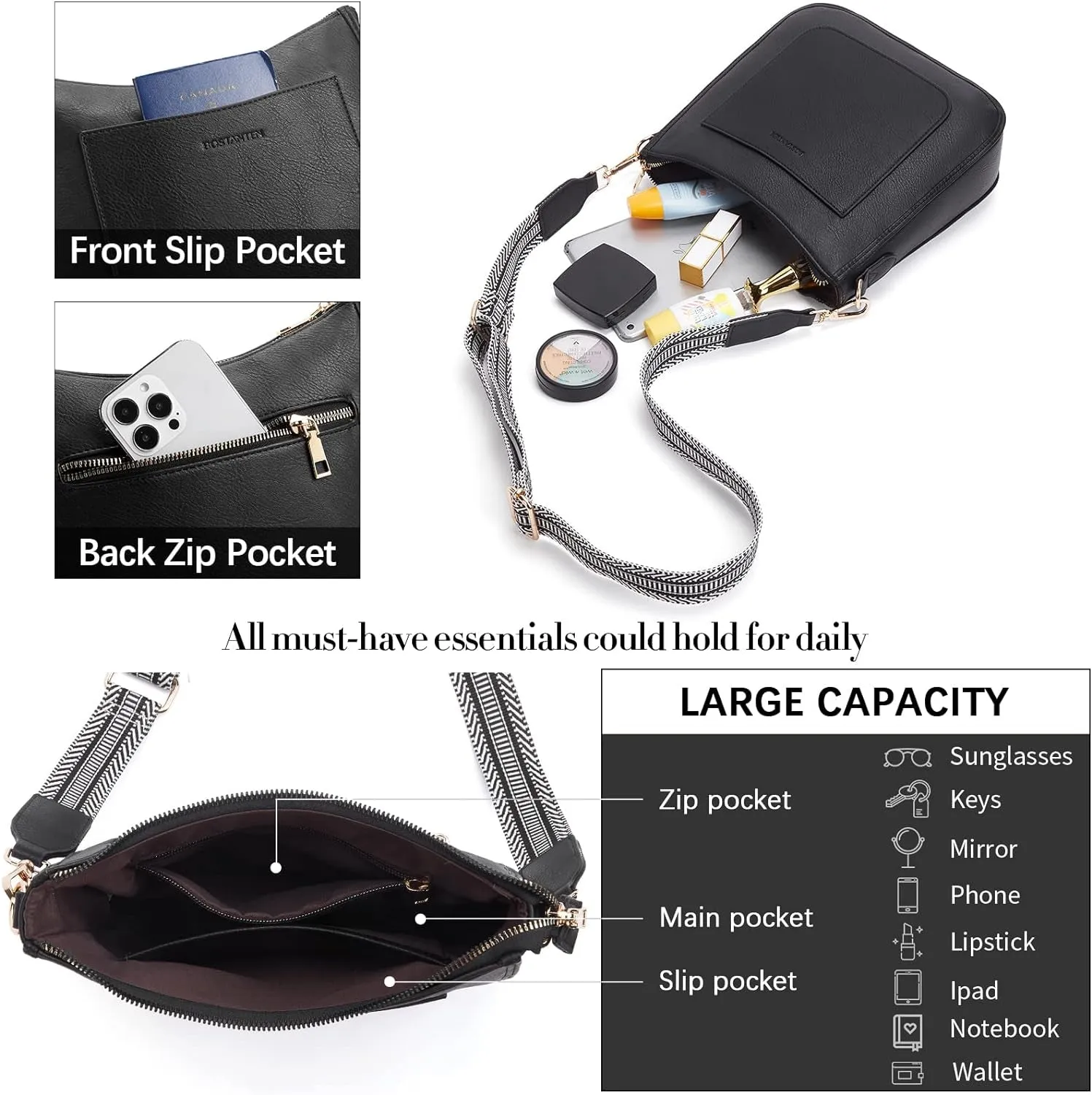 Crossbody Hobo Bags for Women, Handbags with Adjustable Guitar Strap
