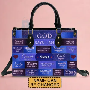 Customizable Luxury Leather Handbag - Personalized Elegance by CHRISTIANARTBAG - GOD Says I Am Blue Leather Handbag.