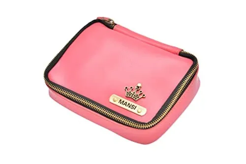 Customized Women's Buttoned Leather Bag   Mini Make up Kit - Black Pink