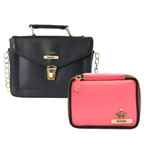 Customized Women's Buttoned Leather Bag   Mini Make up Kit - Black Pink