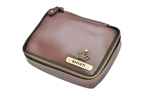 Customized Women's Buttoned Leather Bag   Mini Make up Kit - Grey Brown