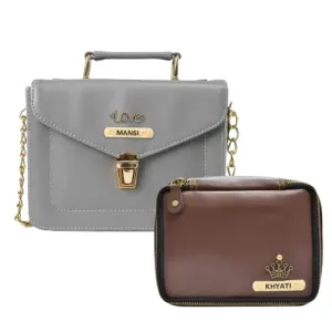 Customized Women's Buttoned Leather Bag   Mini Make up Kit - Grey Brown