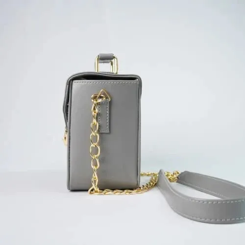 Customized Women's Buttoned Leather Bag   Mini Make up Kit - Grey Brown