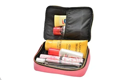Customized Women's Buttoned Leather Bag   Mini Make up Kit - Grey Pink