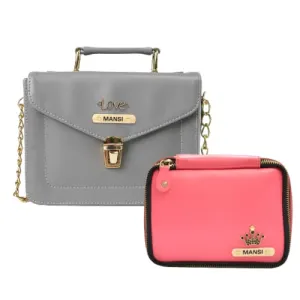 Customized Women's Buttoned Leather Bag   Mini Make up Kit - Grey Pink