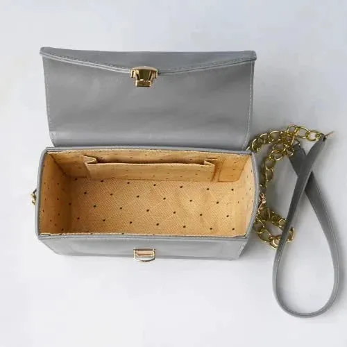 Customized Women's Buttoned Leather Bag   Mini Make up Kit - Grey Pink