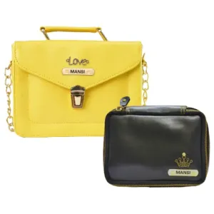 Customized Women's Buttoned Leather Bag   Mini Make up Kit - Yellow Black
