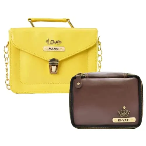 Customized Women's Buttoned Leather Bag   Mini Make up Kit - Yellow Brown