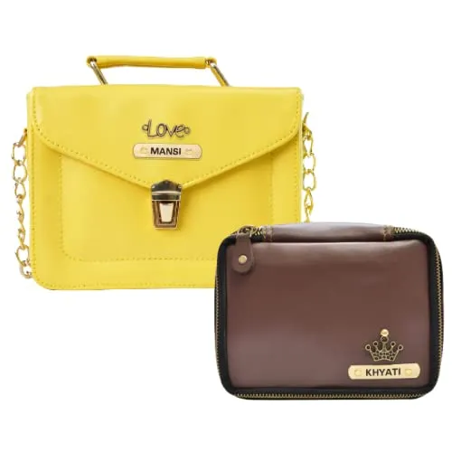 Customized Women's Buttoned Leather Bag   Mini Make up Kit - Yellow Brown