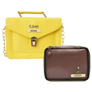Customized Women's Buttoned Leather Bag   Mini Make up Kit - Yellow Brown