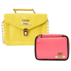 Customized Women's Buttoned Leather Bag   Mini Make up Kit - Yellow Pink