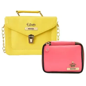 Customized Women's Buttoned Leather Bag   Mini Make up Kit - Yellow Pink