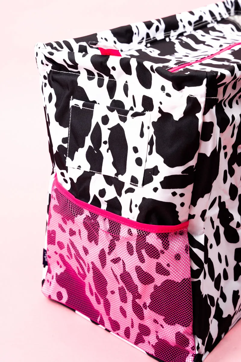 Deja Moo with Hot Pink Trim Collapsible Double Haul-It-All Basket with Mesh Pockets and Lid