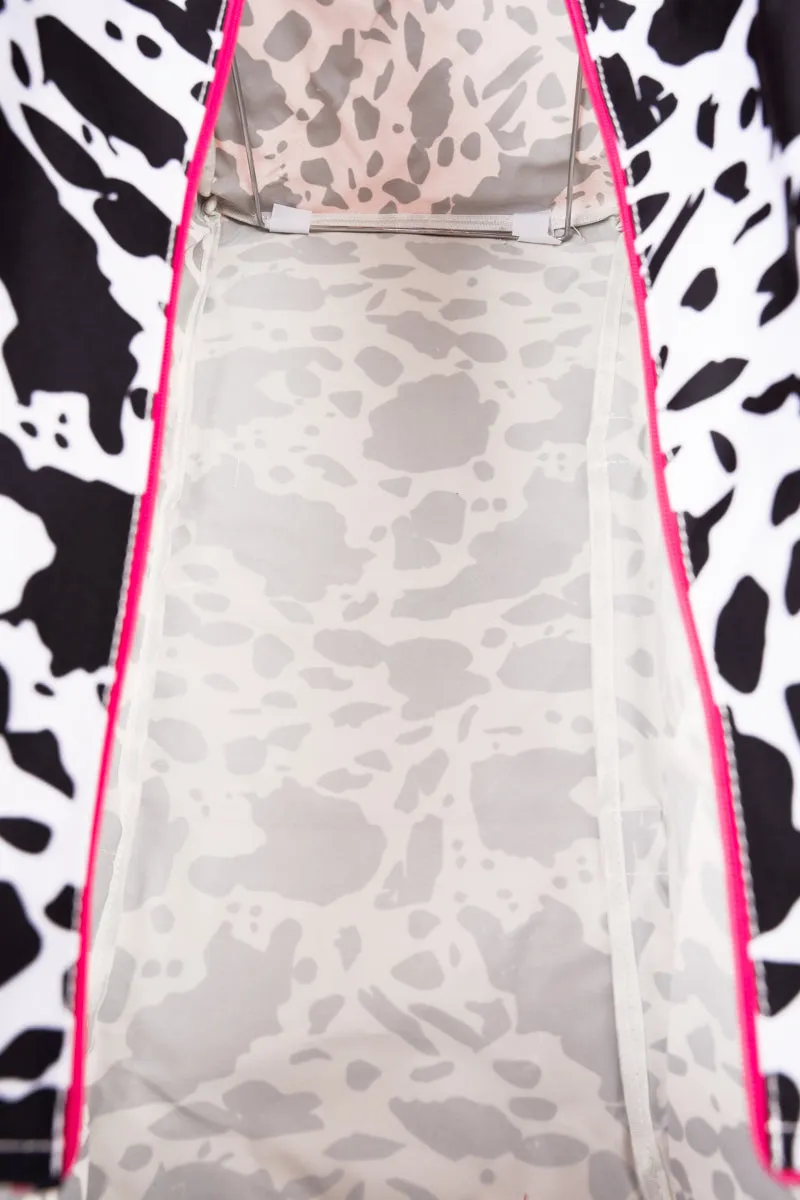 Deja Moo with Hot Pink Trim Collapsible Double Haul-It-All Basket with Mesh Pockets and Lid