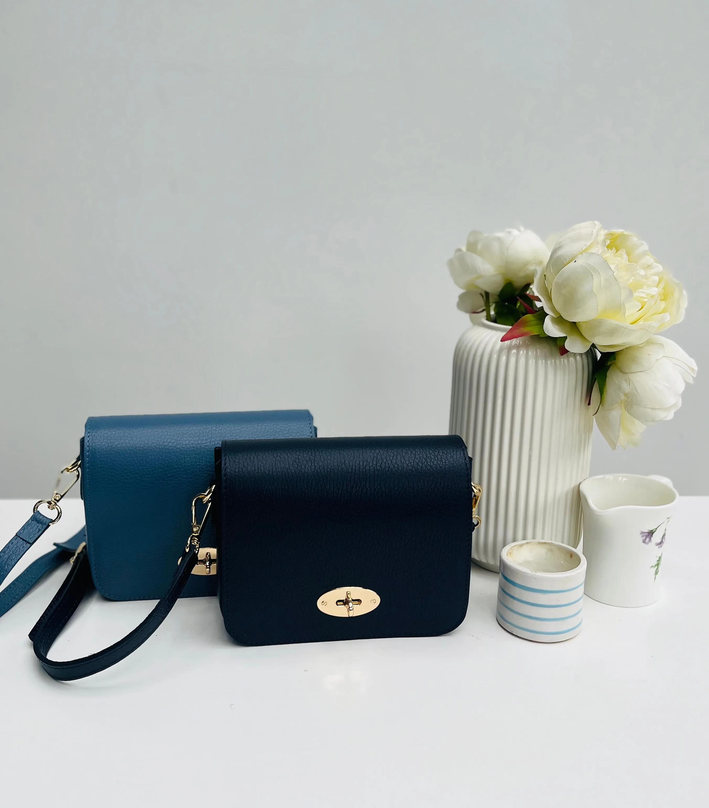 Denim Blue Leather Crossbody Lock Bag
