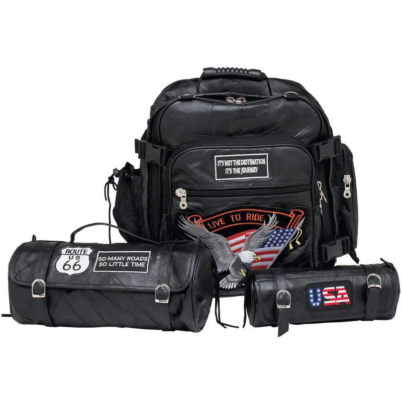 Diamond Plate Rock Design Buffalo Leather Motorcycle Bag Set Free Shipping