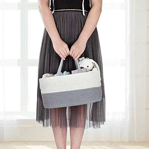 Diaper Caddy | Rope Portable Diaper Organizer Bag | Grey/White | Large