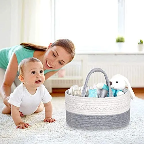 Diaper Caddy | Rope Portable Diaper Organizer Bag | Grey/White | Large