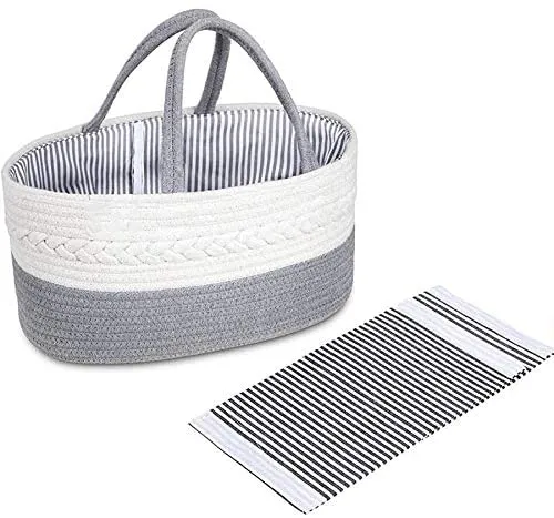 Diaper Caddy | Rope Portable Diaper Organizer Bag | Grey/White | Large
