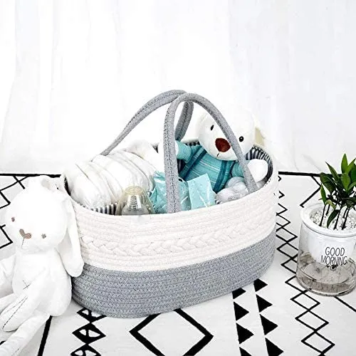 Diaper Caddy | Rope Portable Diaper Organizer Bag | Grey/White | Large