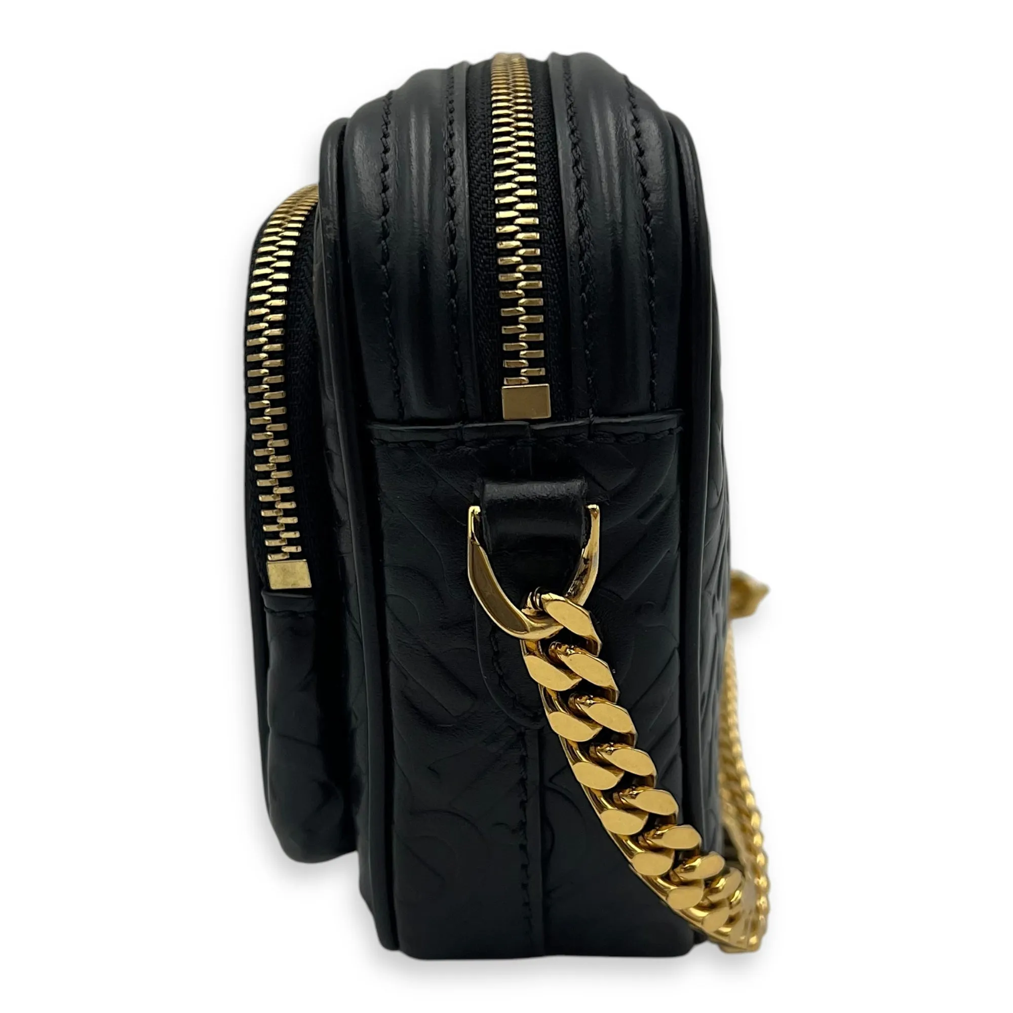 Embossed camera Crossbody Bag Small Black in Calfskin, Gold hardware