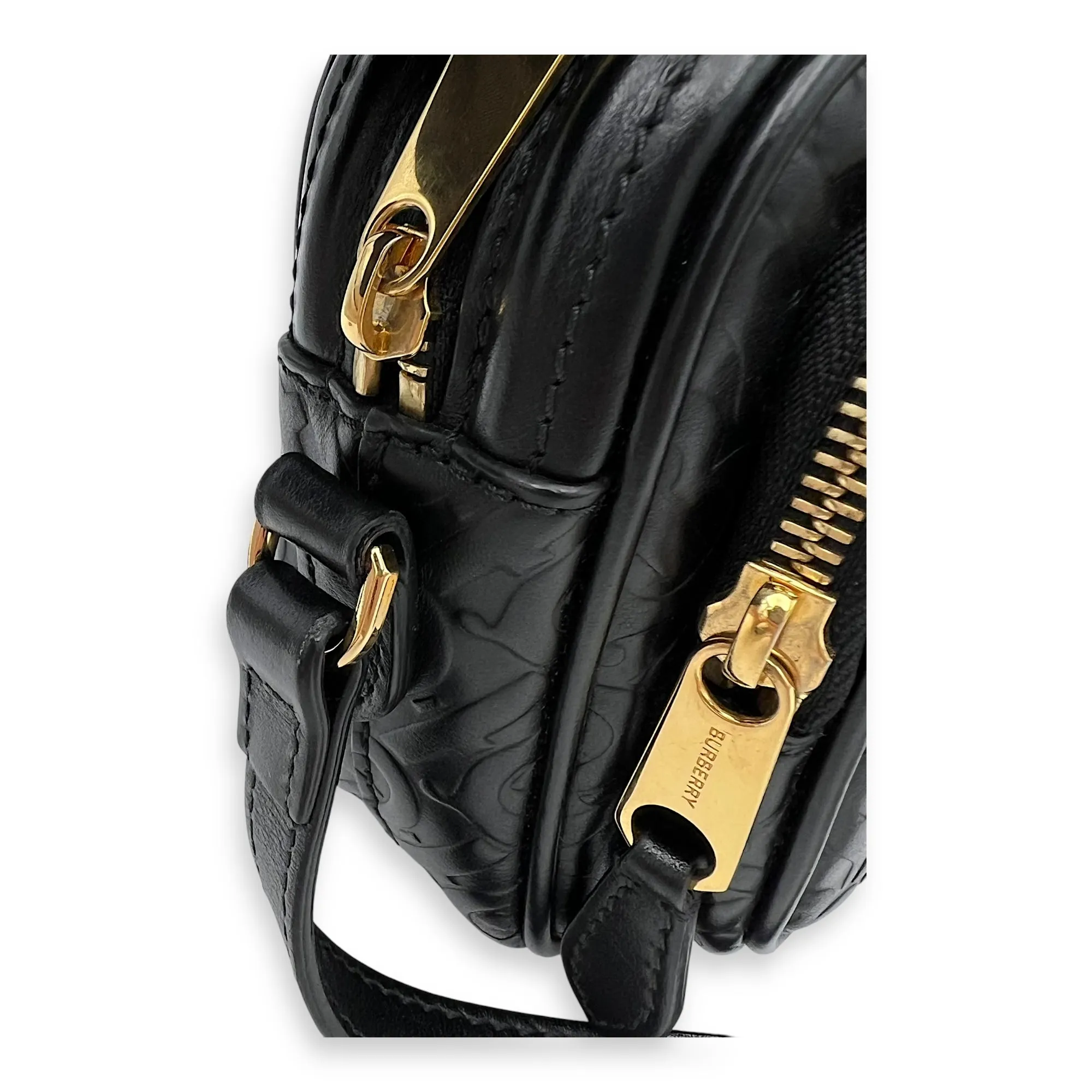 Embossed camera Crossbody Bag Small Black in Calfskin, Gold hardware
