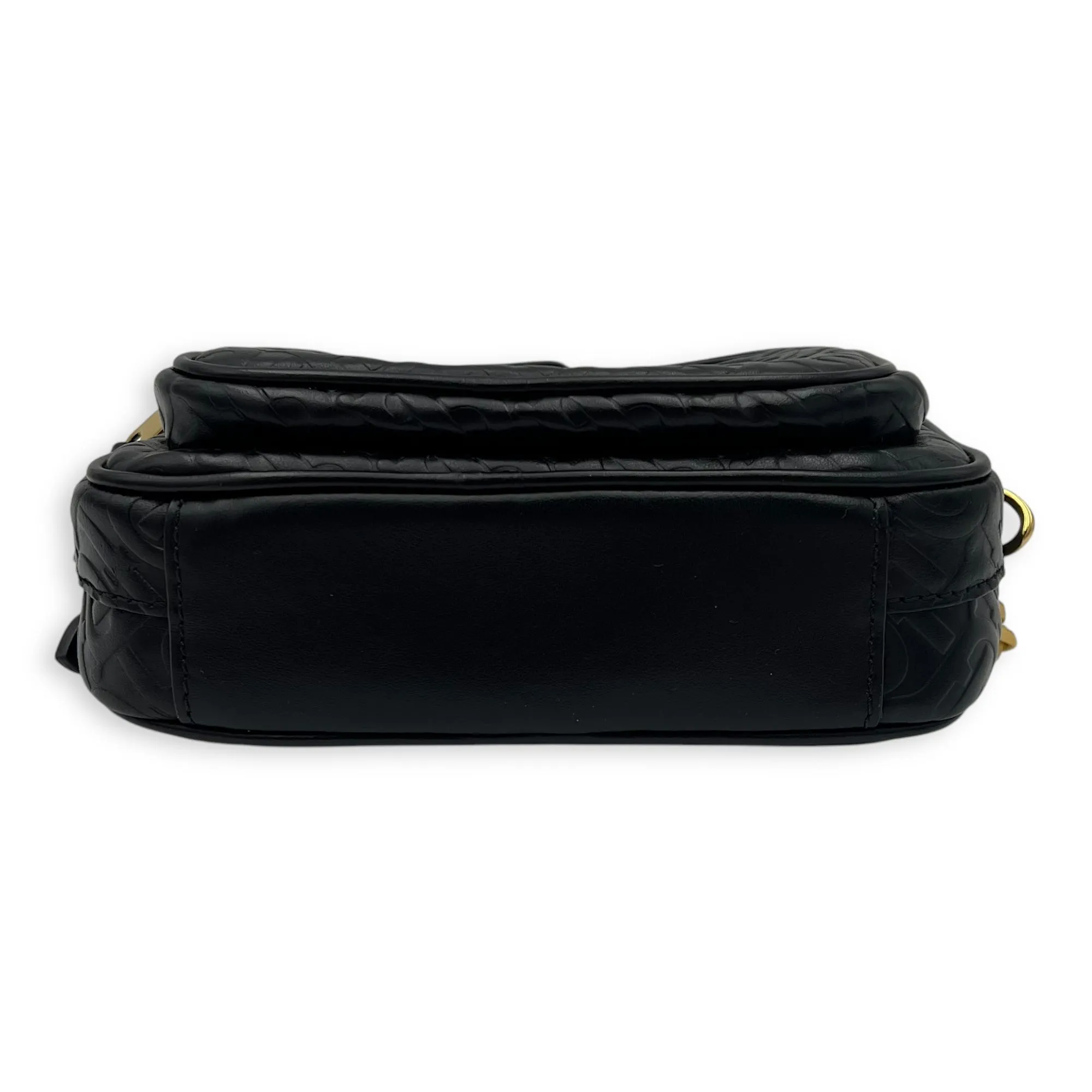 Embossed camera Crossbody Bag Small Black in Calfskin, Gold hardware