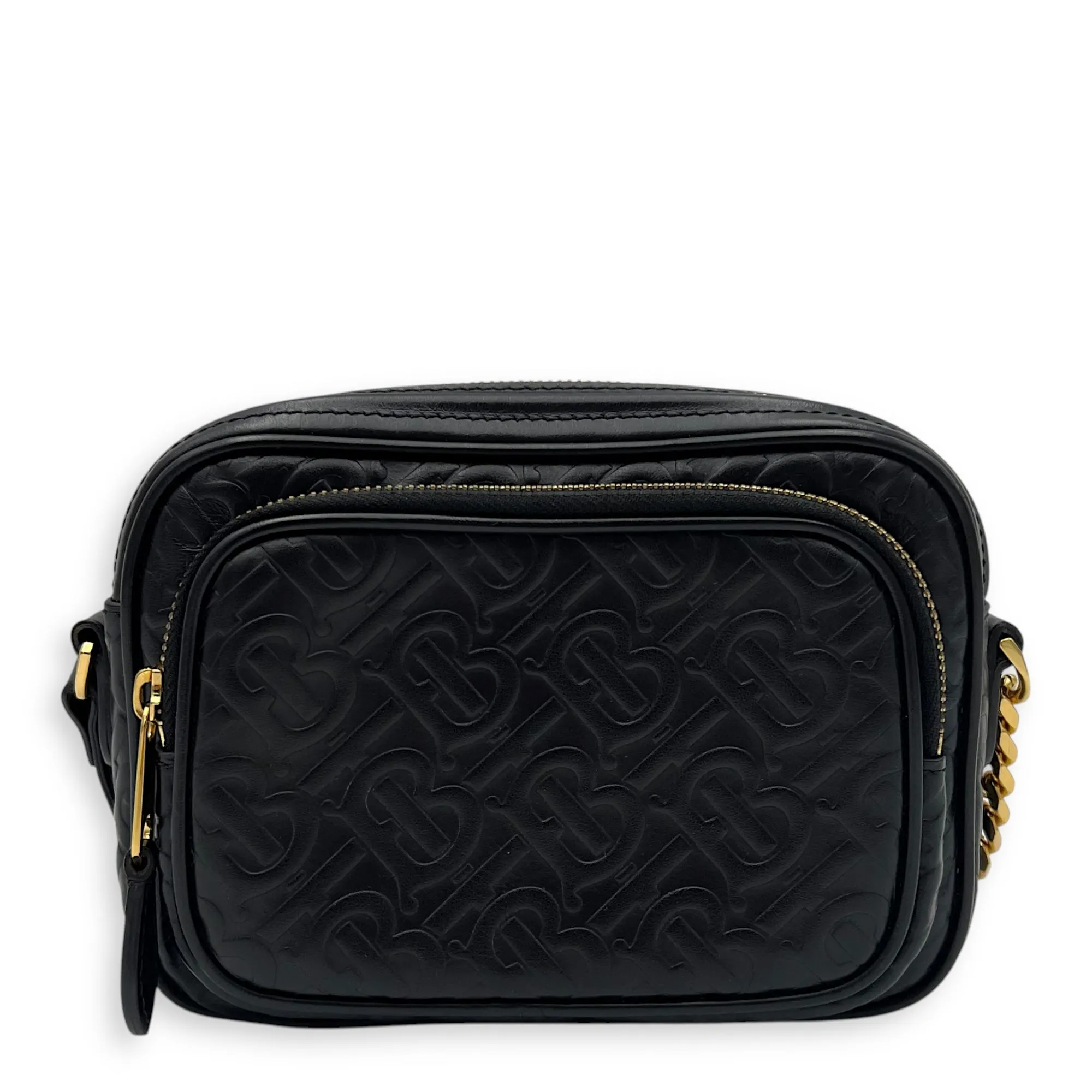 Embossed camera Crossbody Bag Small Black in Calfskin, Gold hardware