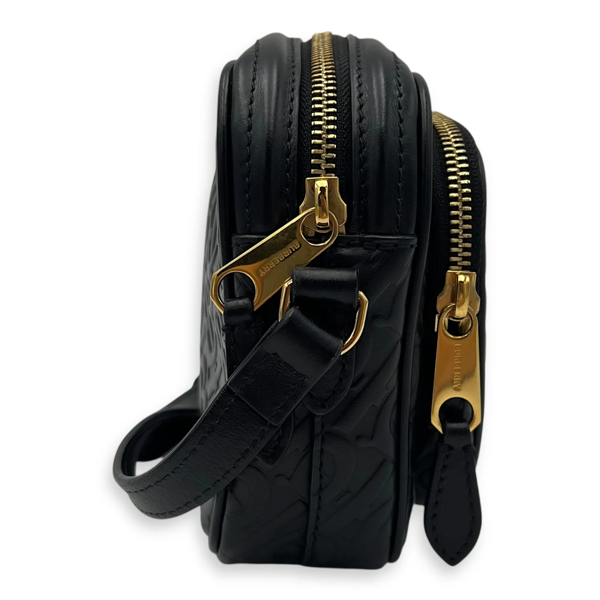 Embossed camera Crossbody Bag Small Black in Calfskin, Gold hardware