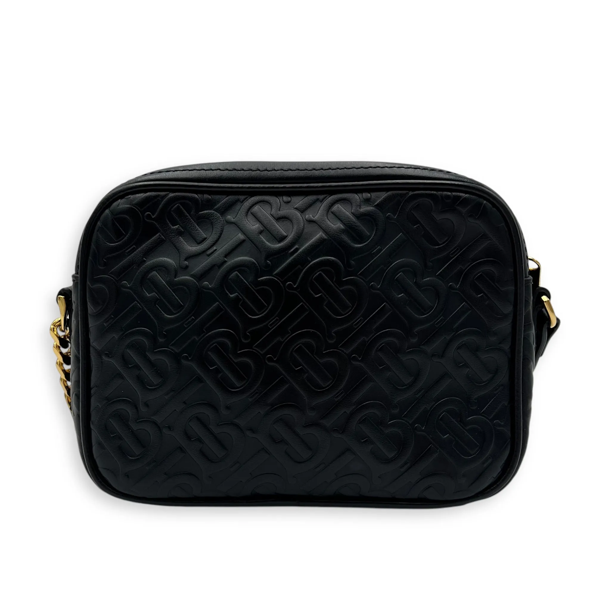 Embossed camera Crossbody Bag Small Black in Calfskin, Gold hardware