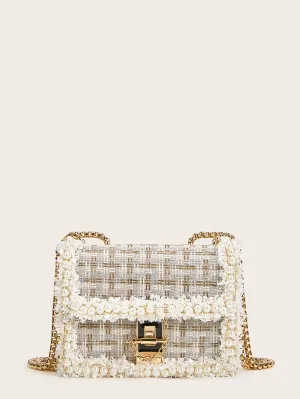 Faux Pearl Decor Tweed Chain Bag - Multicolor- FD ⚡