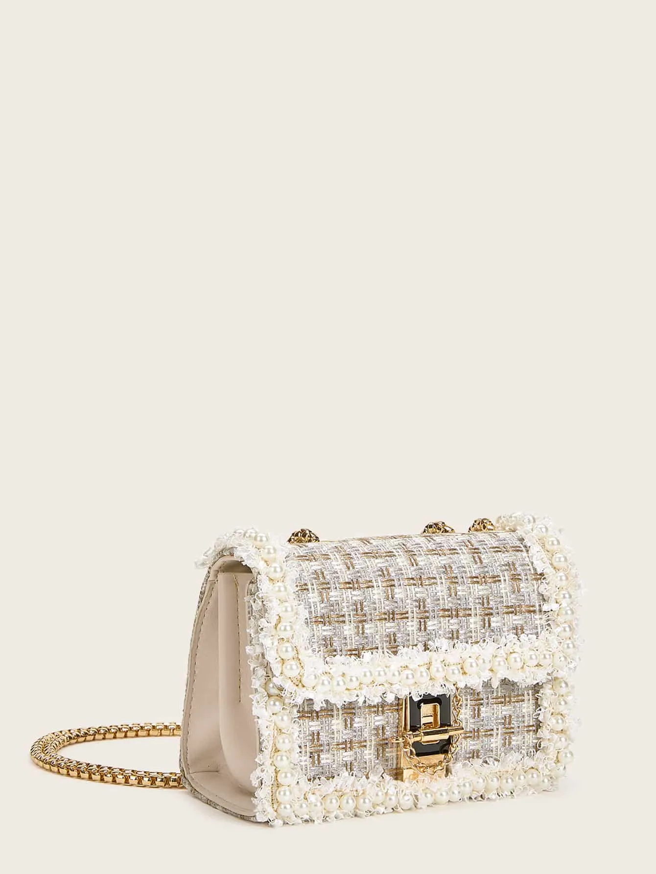 Faux Pearl Decor Tweed Chain Bag - Multicolor- FD ⚡