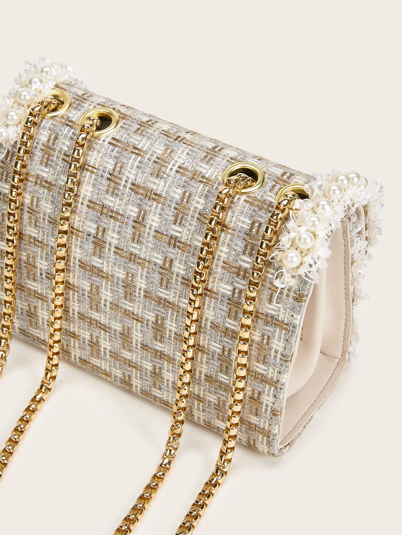 Faux Pearl Decor Tweed Chain Bag - Multicolor- FD ⚡
