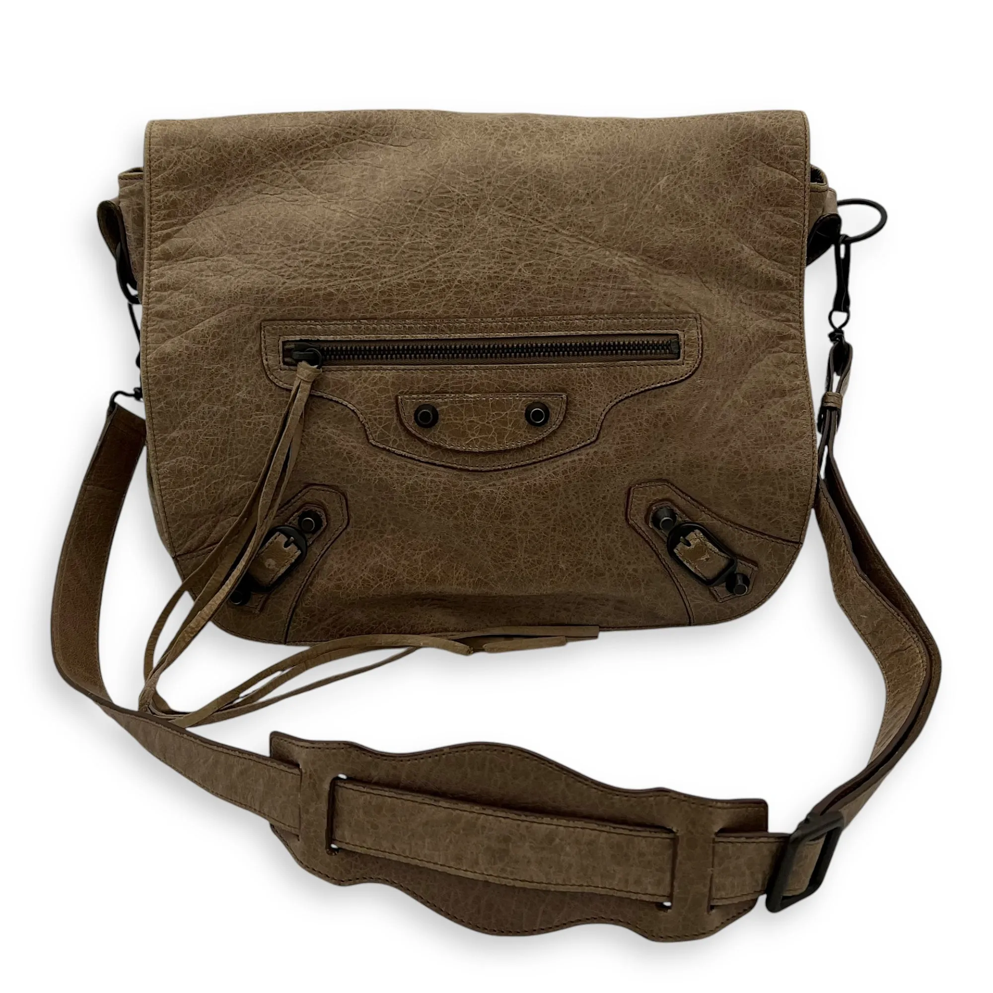 Folk Brown Crossbody Bag in Distressed Leather, Gunmetal hardware