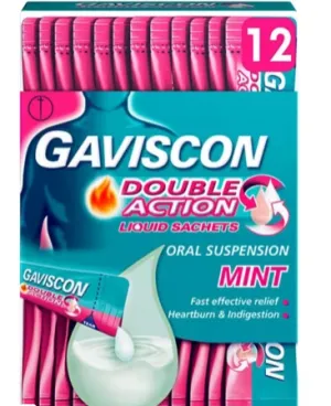 Gaviscon dual -effect alleviating stomach burning and digestive adequate mint flavor bag 12x10ml Gaviscon Double Action Heartburn & IndiguSty Mint Flavour Sachets 12x10ml