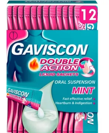 Gaviscon dual -effect alleviating stomach burning and digestive adequate mint flavor bag 12x10ml Gaviscon Double Action Heartburn & IndiguSty Mint Flavour Sachets 12x10ml