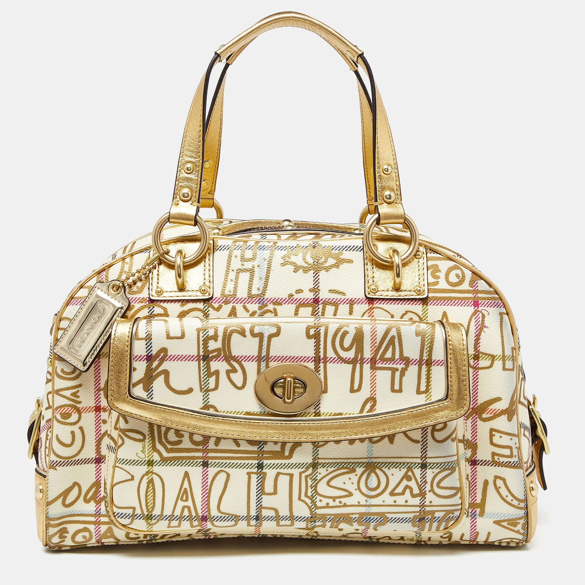 Gold PVC and Leather Graffiti Tattersall Satchel